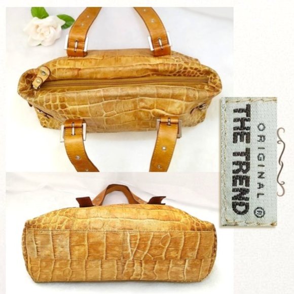 THE TREND Genuine Leather Croc Embossed Carryall Bag Mustard Silver Zip Pockets - Picture 4 of 14